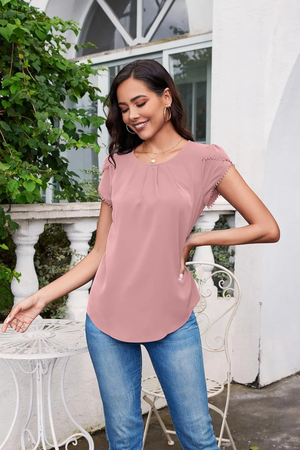 TASAMO Women's Casual Round Neck Basic Pleated Top Cap Sleeve Curved Keyhole Back Chiffon Blouse