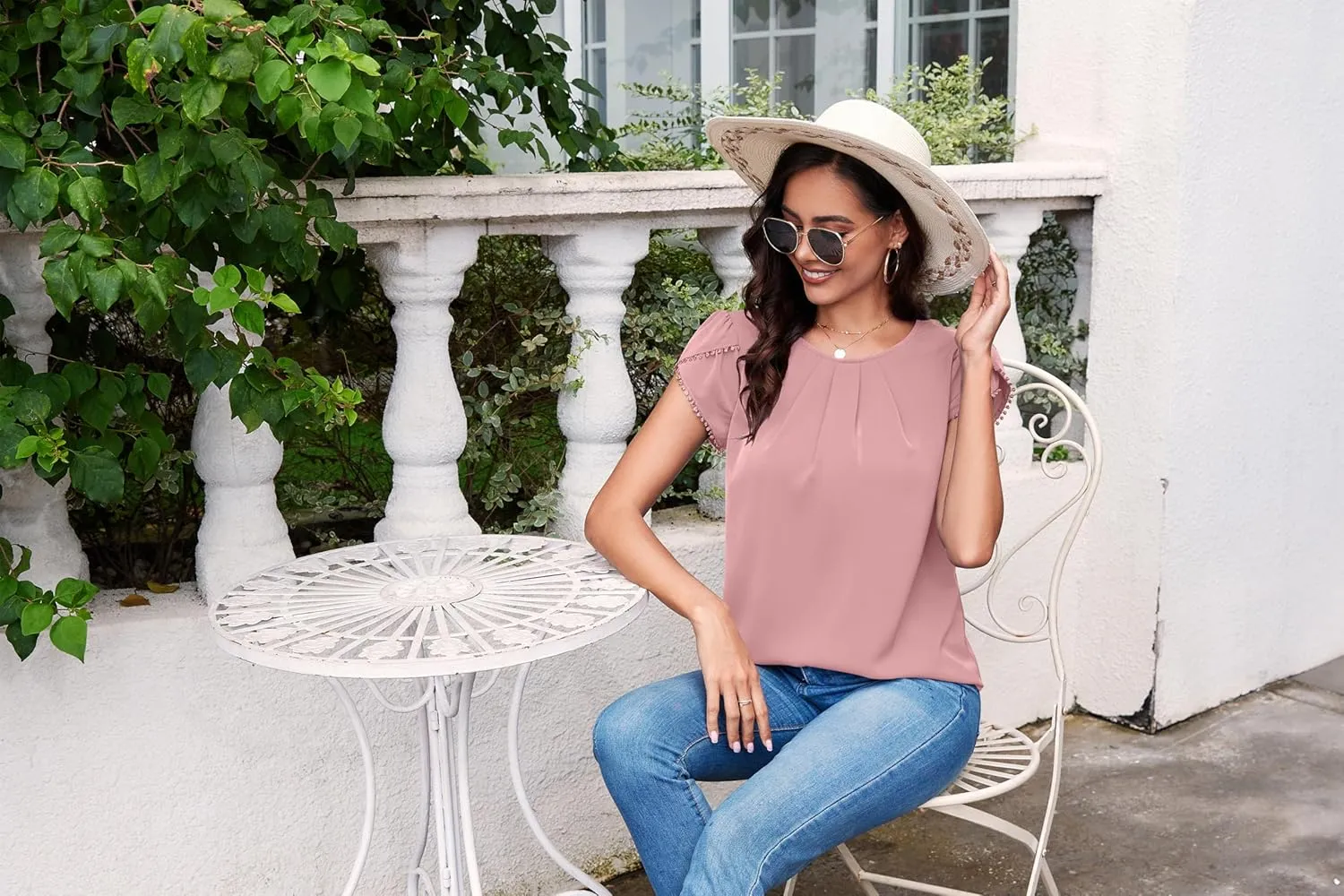 TASAMO Women's Casual Round Neck Basic Pleated Top Cap Sleeve Curved Keyhole Back Chiffon Blouse