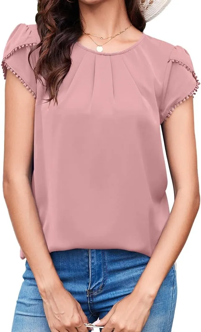 TASAMO Women's Casual Round Neck Basic Pleated Top Cap Sleeve Curved Keyhole Back Chiffon Blouse