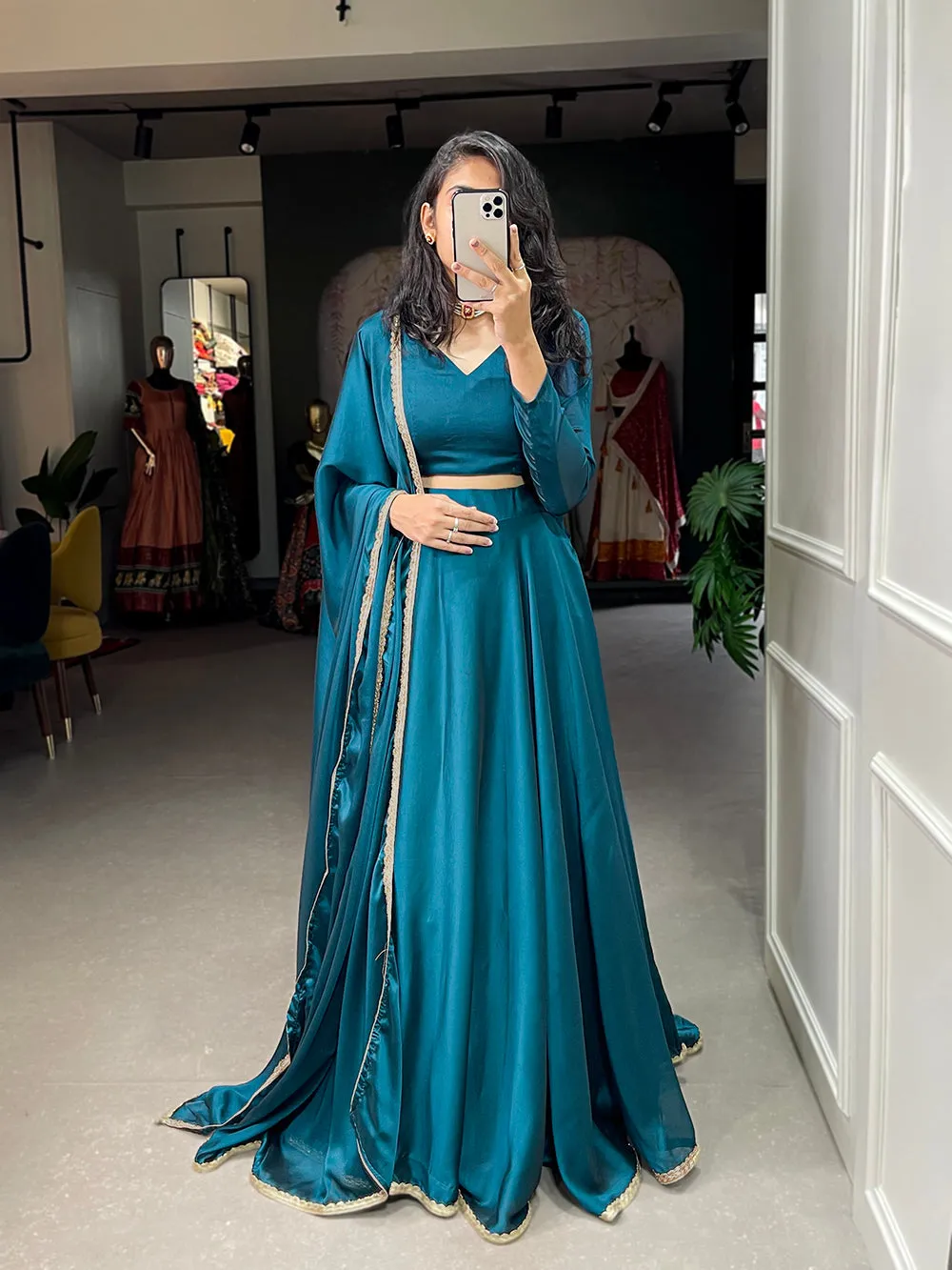 Teal Color Plain With Lace Border Rangoli Silk Lehenga Choli Set