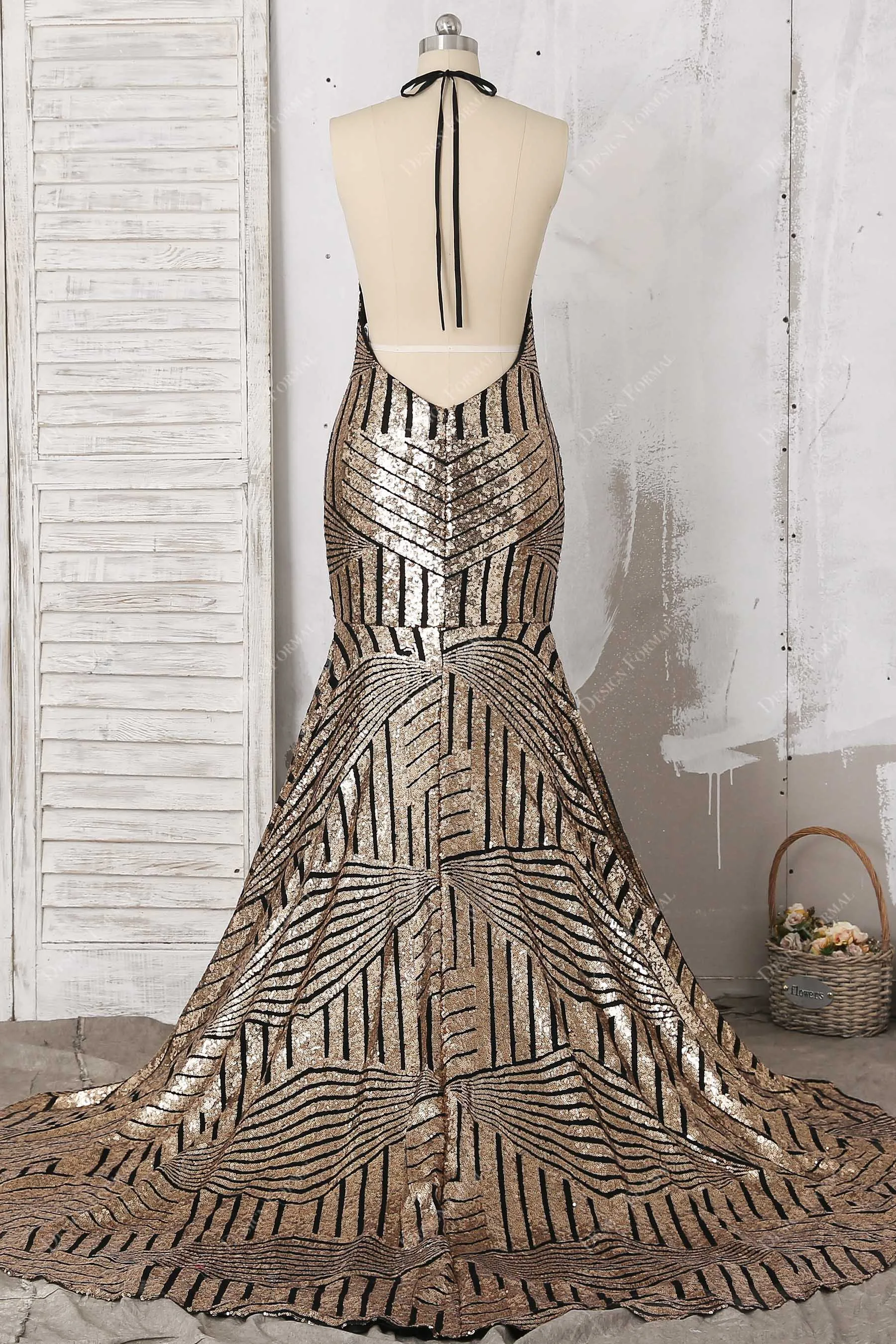 Unique Black Base Gold Sequin Halter Backless Mermaid Dress