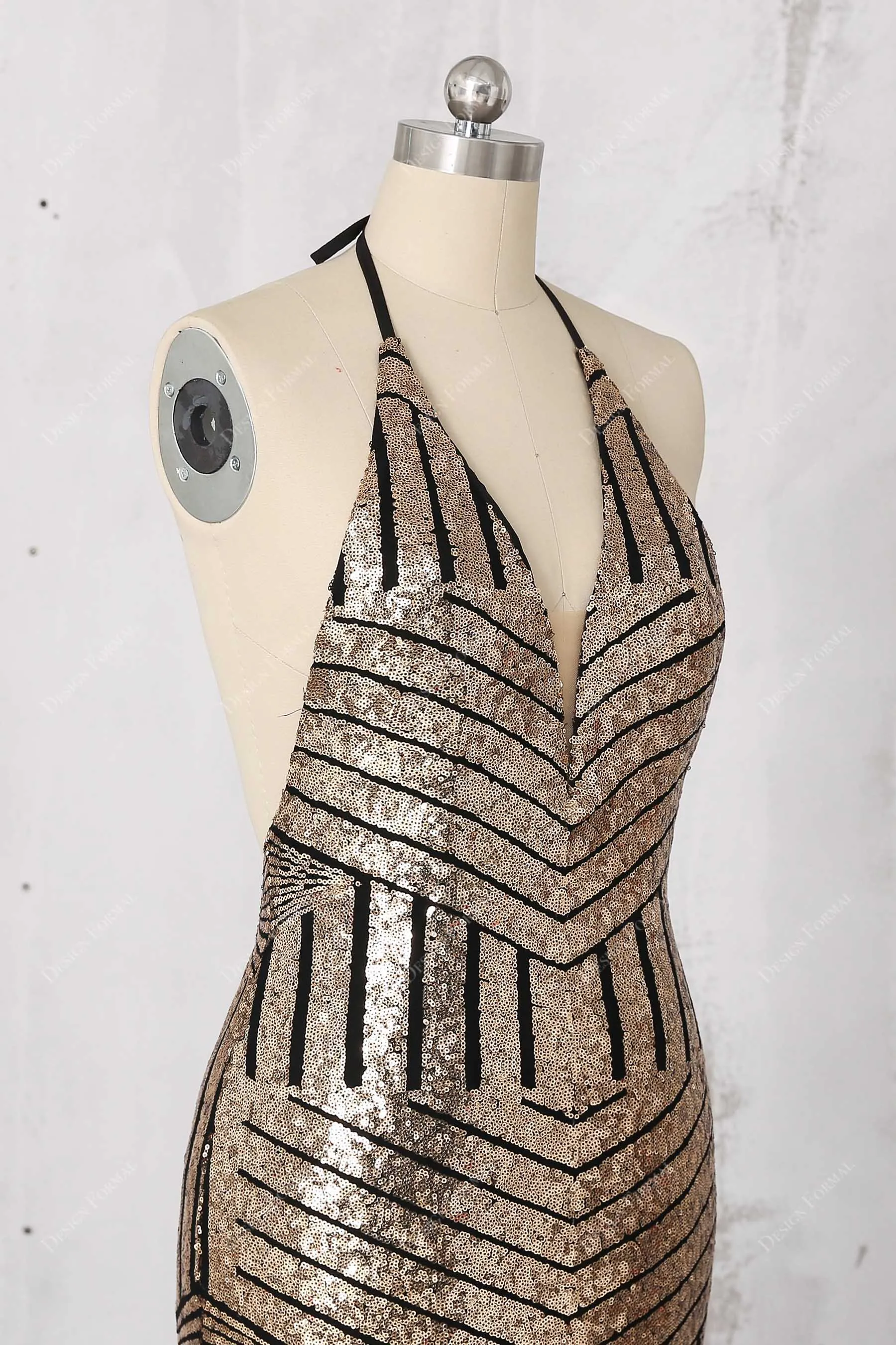 Unique Black Base Gold Sequin Halter Backless Mermaid Dress