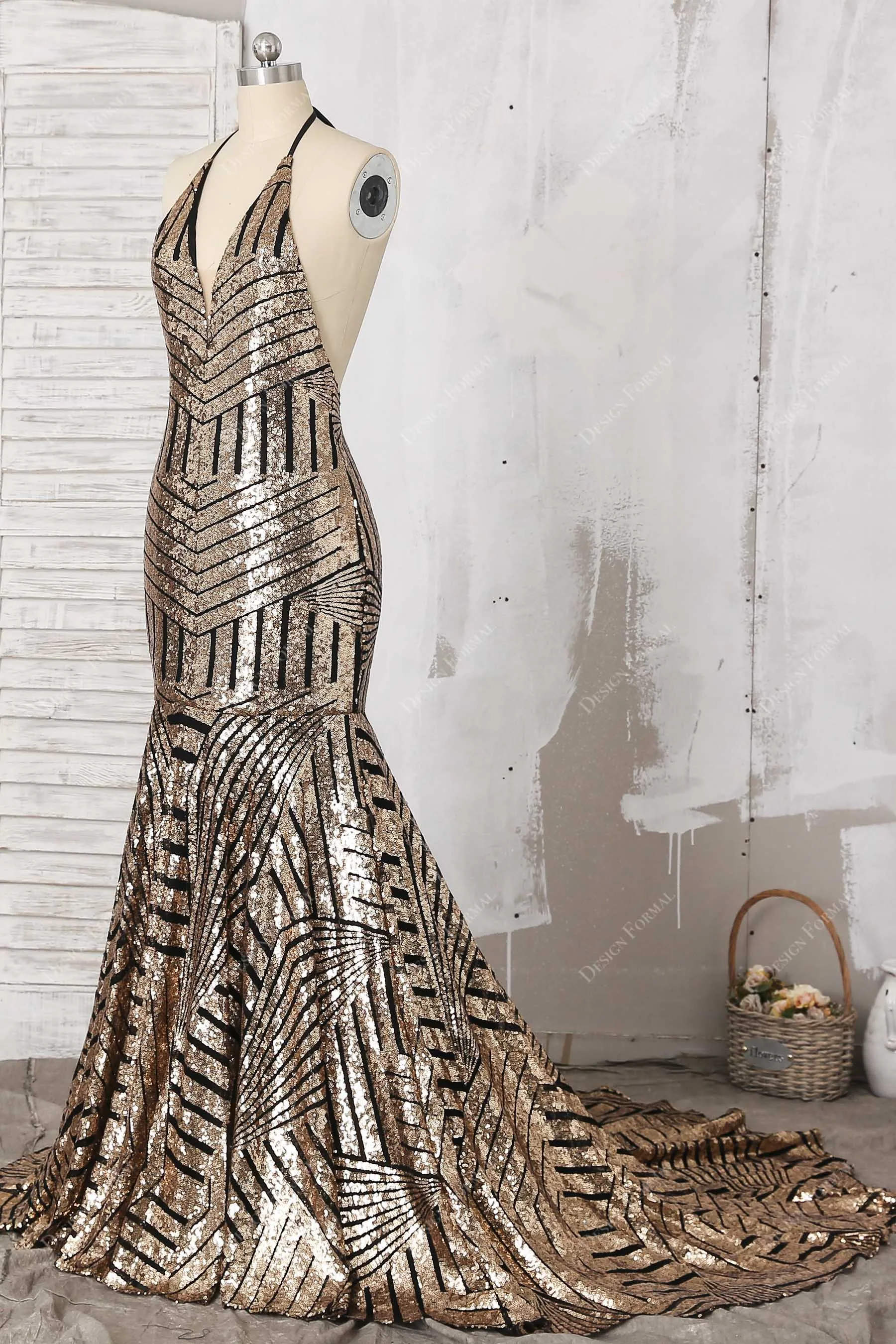 Unique Black Base Gold Sequin Halter Backless Mermaid Dress