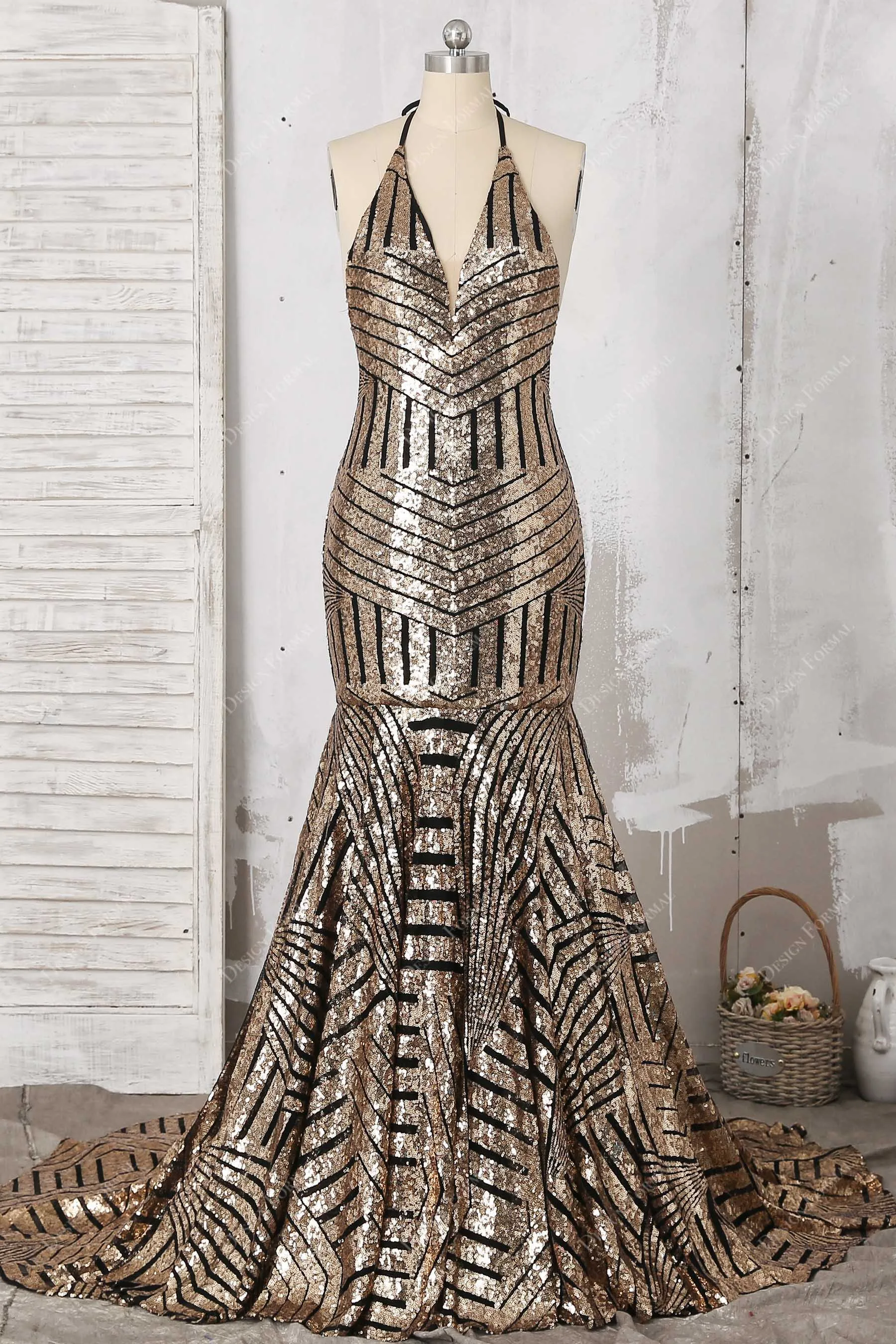 Unique Black Base Gold Sequin Halter Backless Mermaid Dress