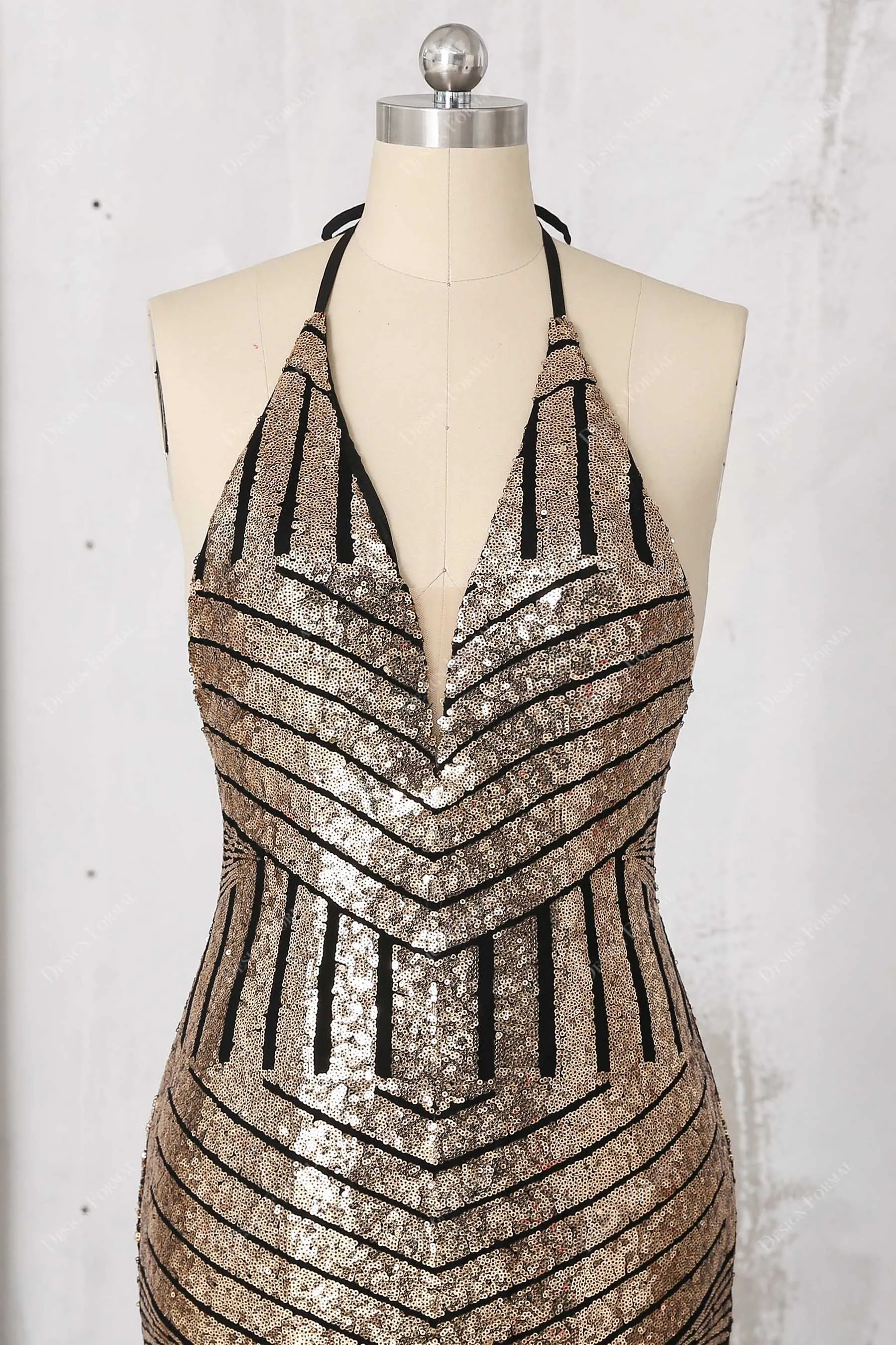 Unique Black Base Gold Sequin Halter Backless Mermaid Dress