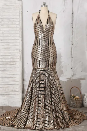 Unique Black Base Gold Sequin Halter Backless Mermaid Dress