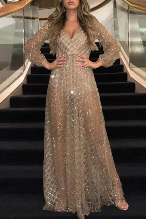 V-neck Backless See-thru Long Dress