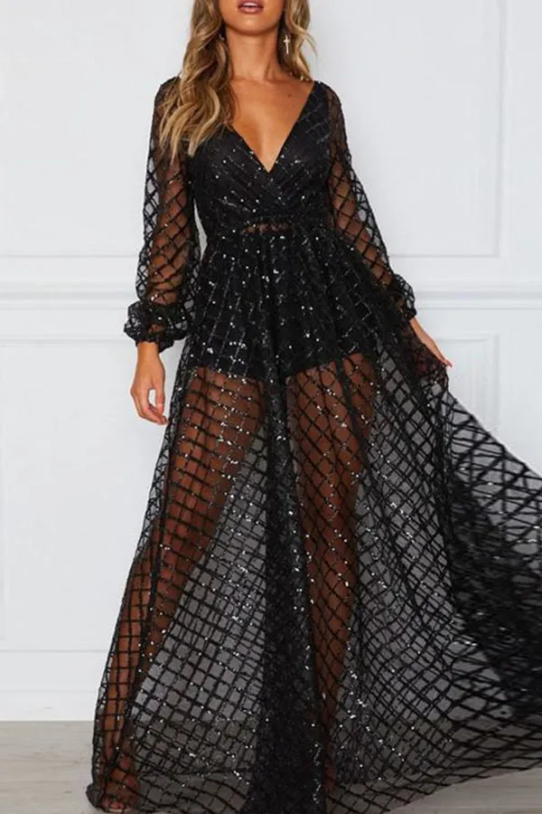V-neck Backless See-thru Long Dress