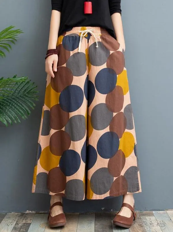 Vintage Wide Leg Loose Contrast Color Printed Polka-Dot Casual Pants Bottoms