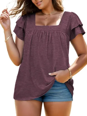 VISLILY Plus-Size-Summer-Tops for Women Petal Short Sleeve T Shirts Square Neck Tunics Flowy Pleated Blouses XL-5XL