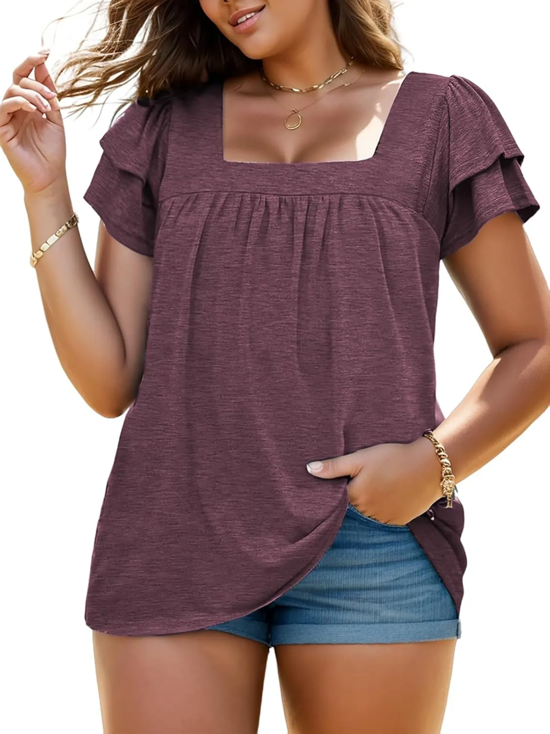 VISLILY Plus-Size-Summer-Tops for Women Petal Short Sleeve T Shirts Square Neck Tunics Flowy Pleated Blouses XL-5XL