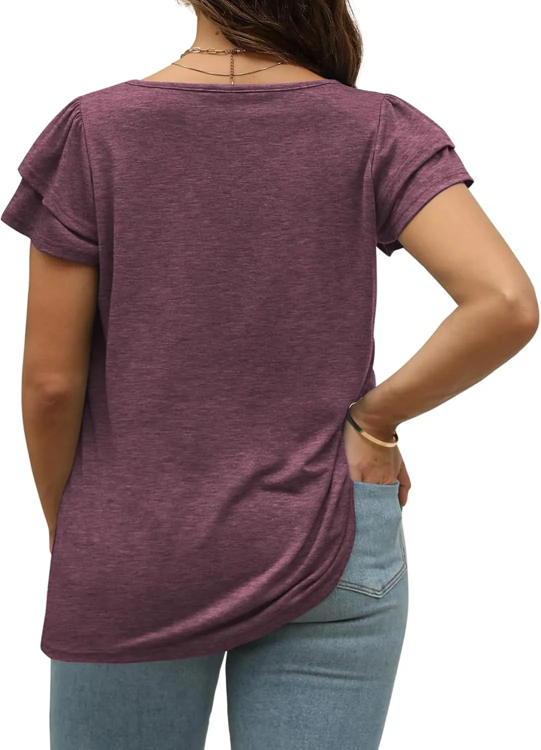 VISLILY Plus-Size-Summer-Tops for Women Petal Short Sleeve T Shirts Square Neck Tunics Flowy Pleated Blouses XL-5XL