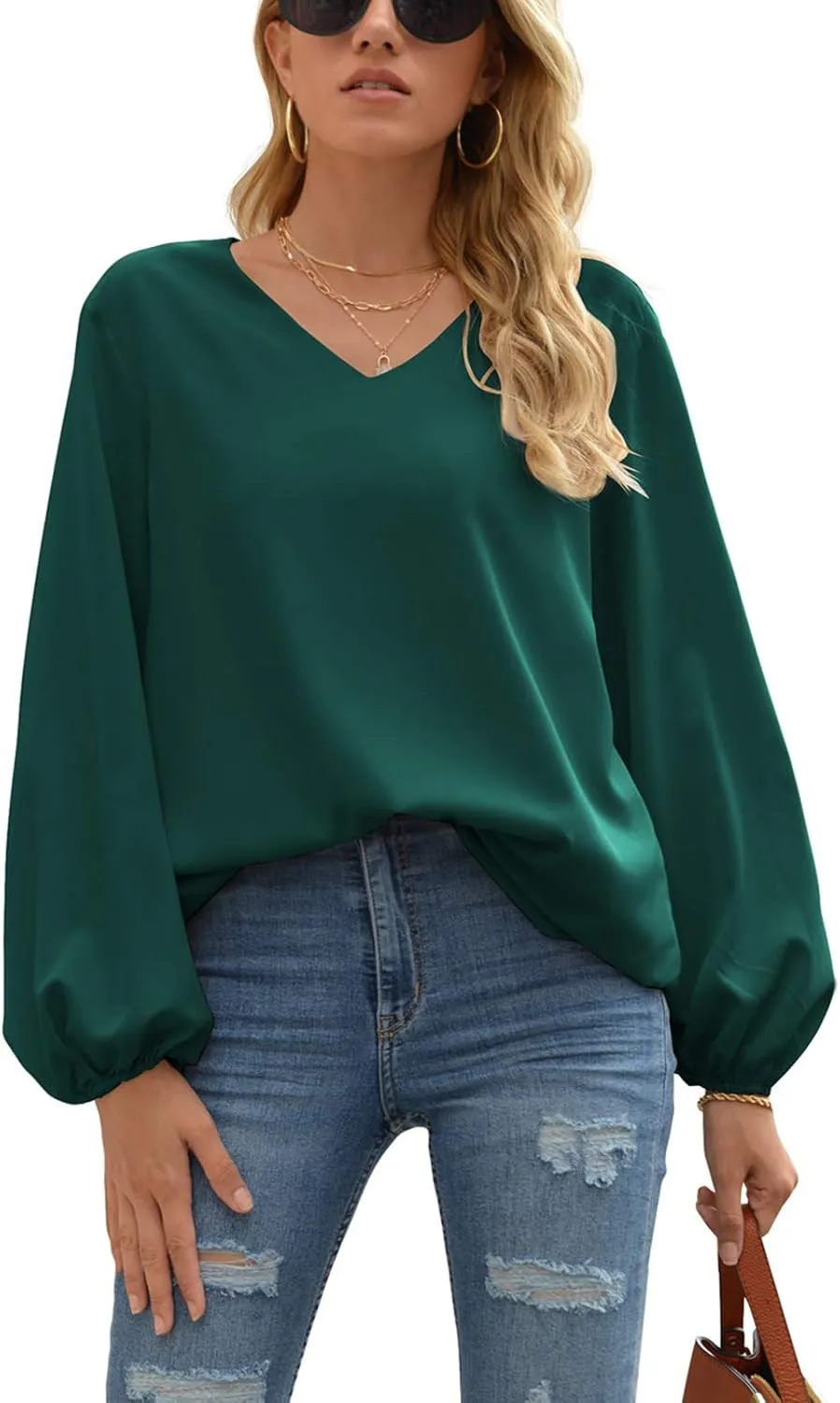 WANGZHI Women's Casual Sweet & Cute Loose Shirt Balloon Sleeve V-Neck Blouse Top