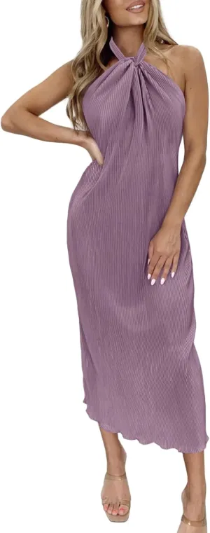 Wenrine Womens Sexy Halter Neck Dresses Backless Split Ribbed Cocktail Party Midi Dress