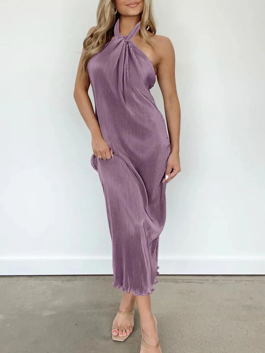 Wenrine Womens Sexy Halter Neck Dresses Backless Split Ribbed Cocktail Party Midi Dress