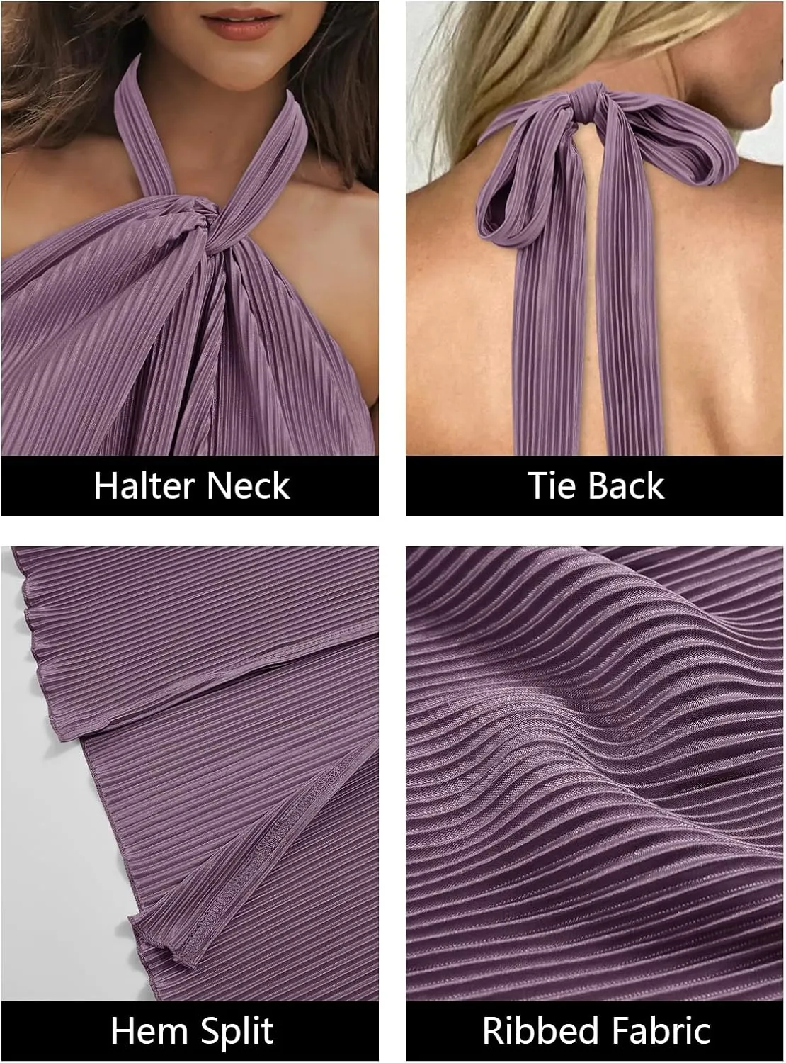 Wenrine Womens Sexy Halter Neck Dresses Backless Split Ribbed Cocktail Party Midi Dress