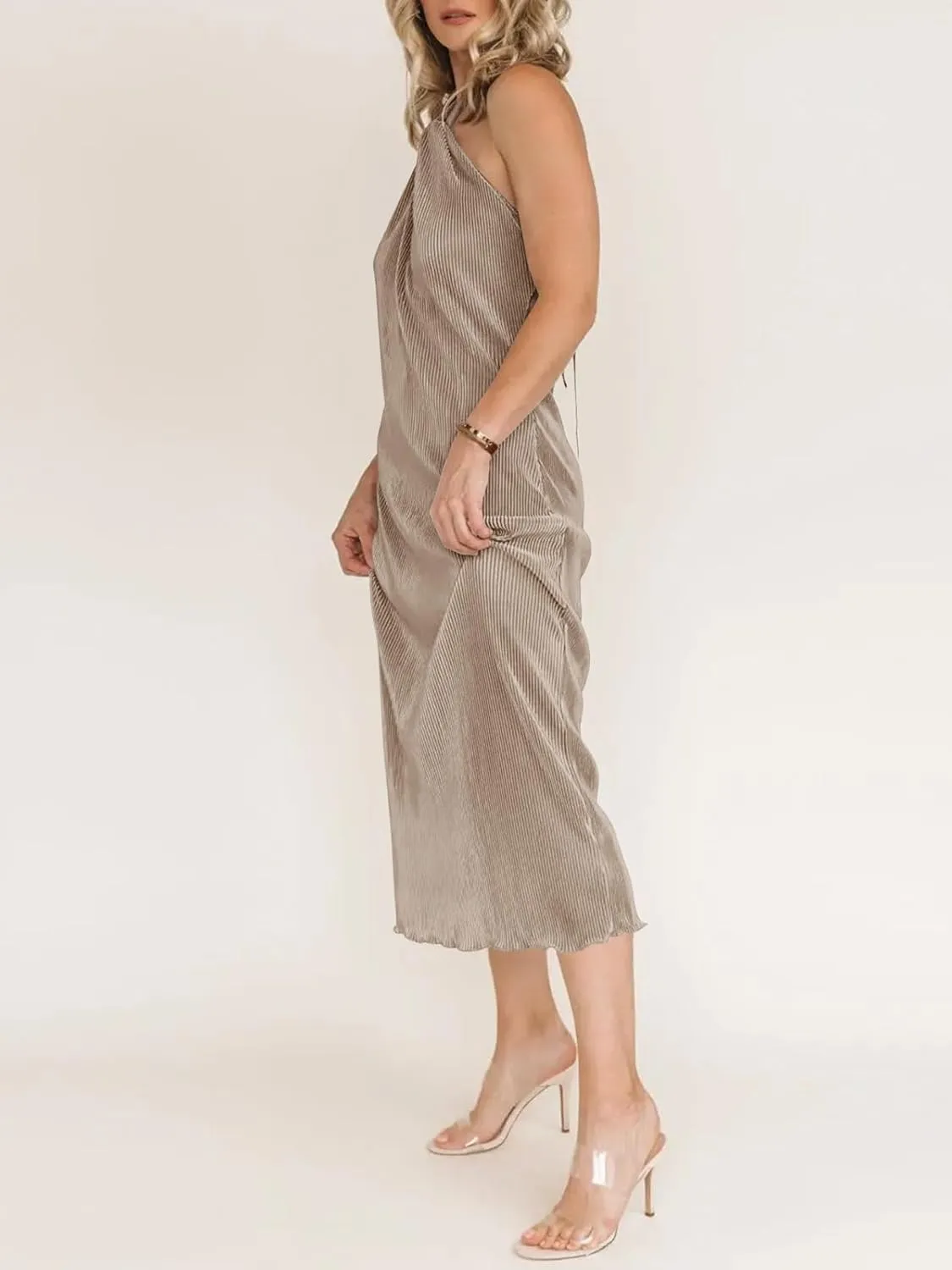 Wenrine Womens Sexy Halter Neck Dresses Backless Split Ribbed Cocktail Party Midi Dress