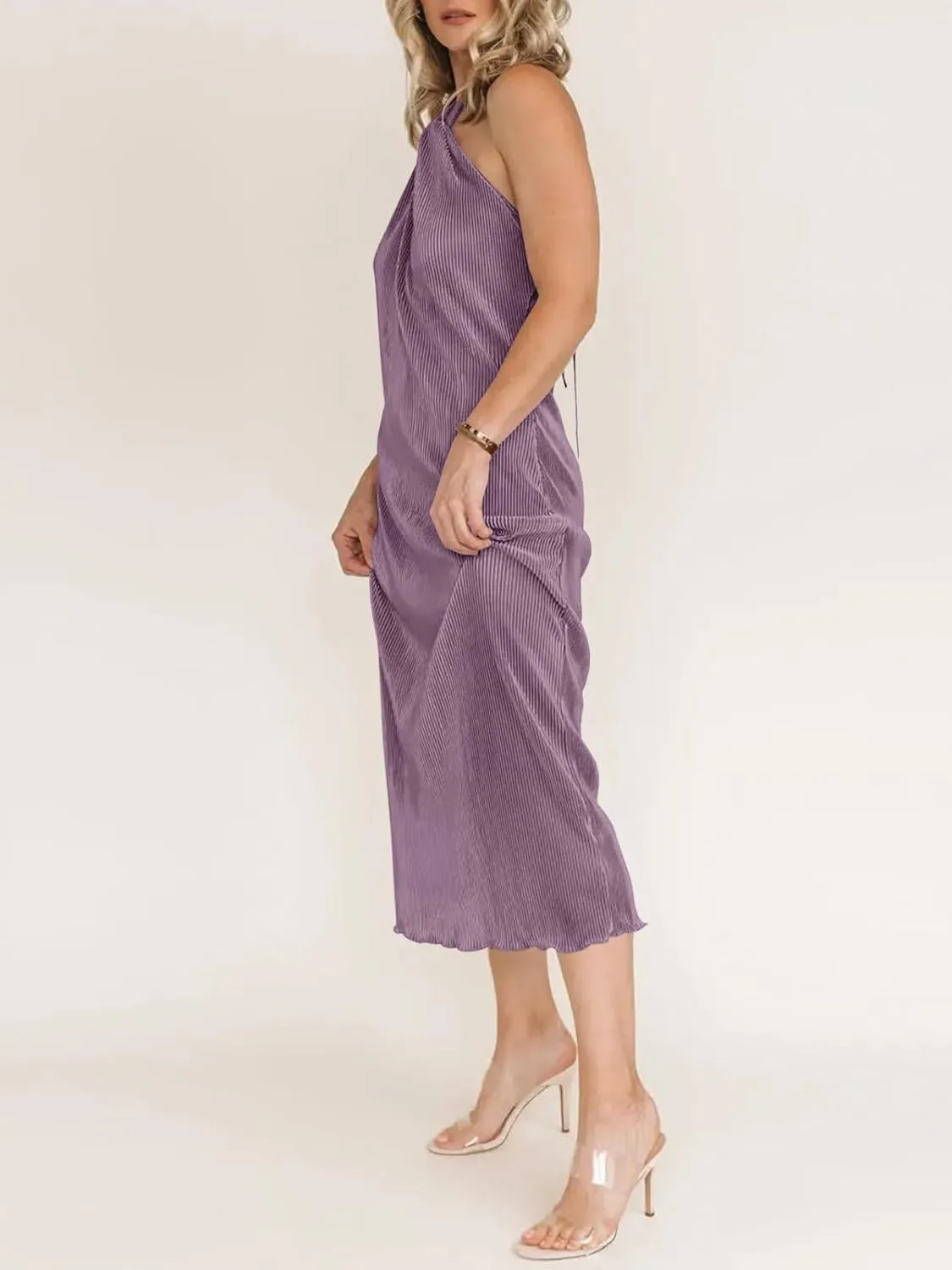 Wenrine Womens Sexy Halter Neck Dresses Backless Split Ribbed Cocktail Party Midi Dress