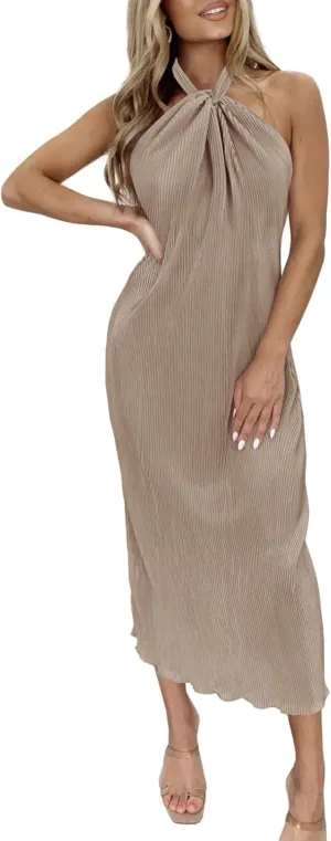 Wenrine Womens Sexy Halter Neck Dresses Backless Split Ribbed Cocktail Party Midi Dress