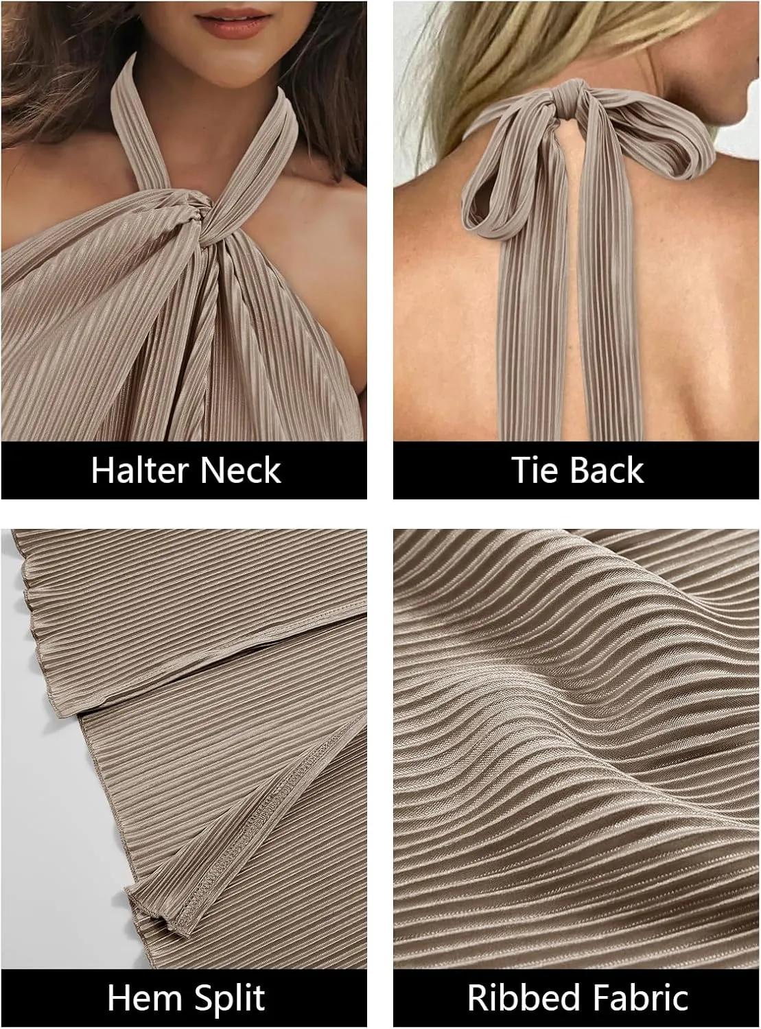 Wenrine Womens Sexy Halter Neck Dresses Backless Split Ribbed Cocktail Party Midi Dress