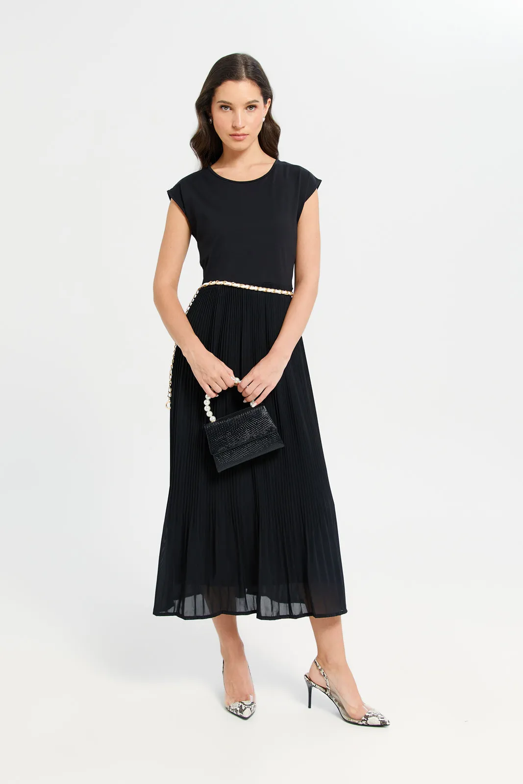 Women Black Pleated Mid Length Dress