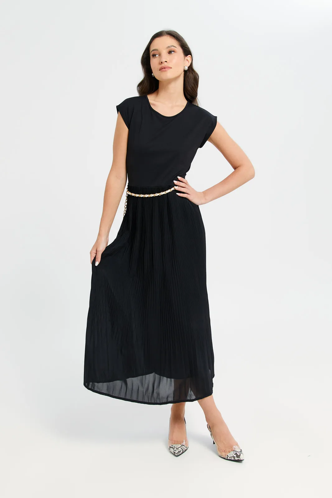 Women Black Pleated Mid Length Dress