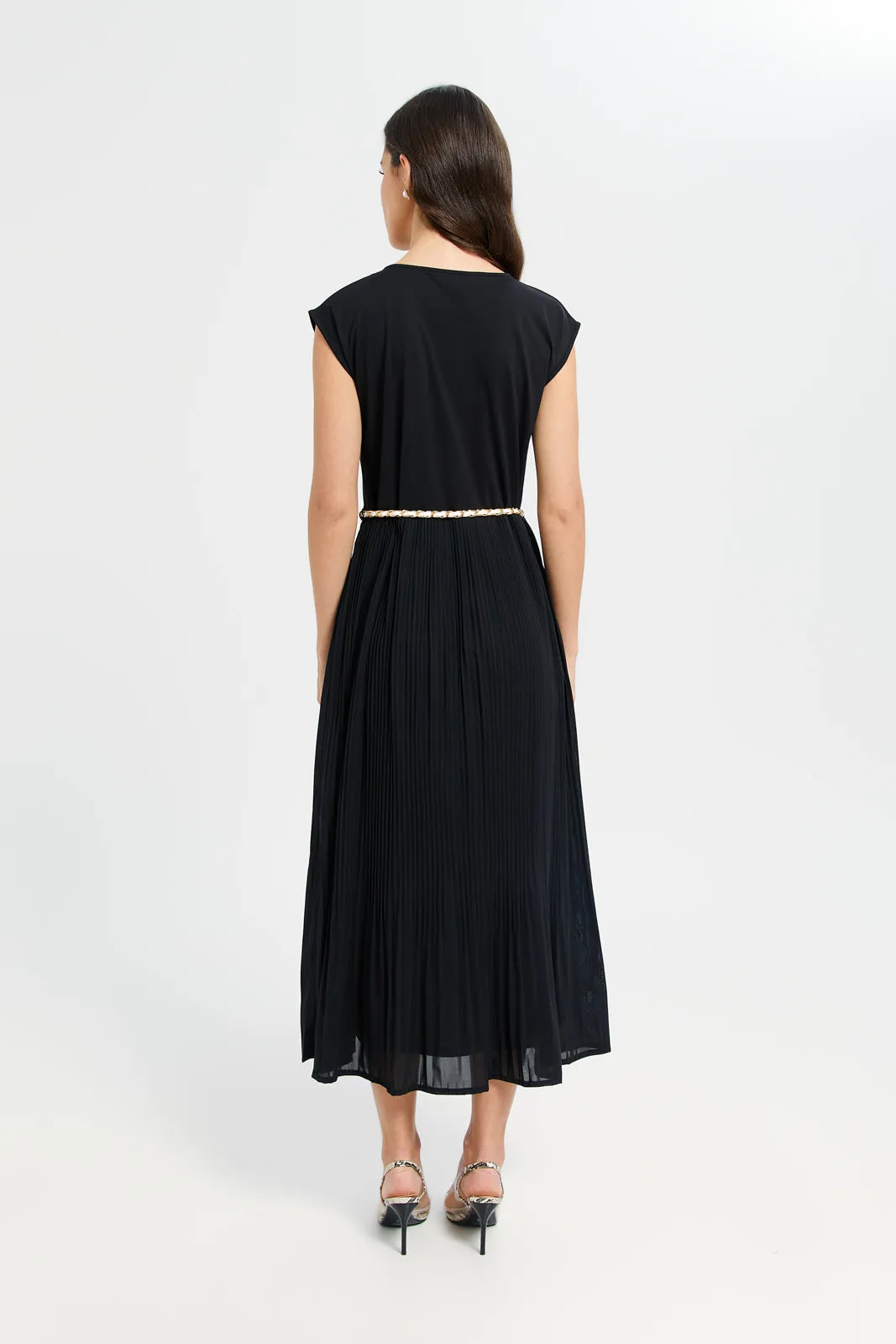Women Black Pleated Mid Length Dress