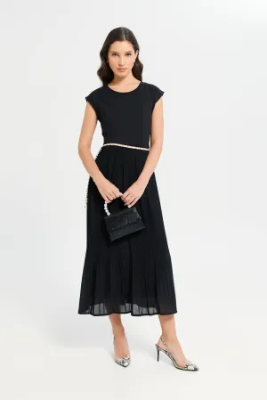 Women Black Pleated Mid Length Dress