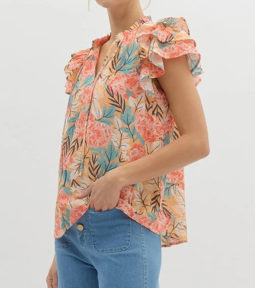 Women Boho Floral Peplum Shirt Flutter Sleeve Ruffle Babyboll Tops V Neck Patchwork Summer Coquette Blouse