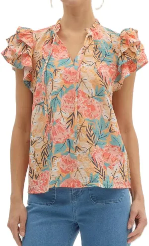 Women Boho Floral Peplum Shirt Flutter Sleeve Ruffle Babyboll Tops V Neck Patchwork Summer Coquette Blouse