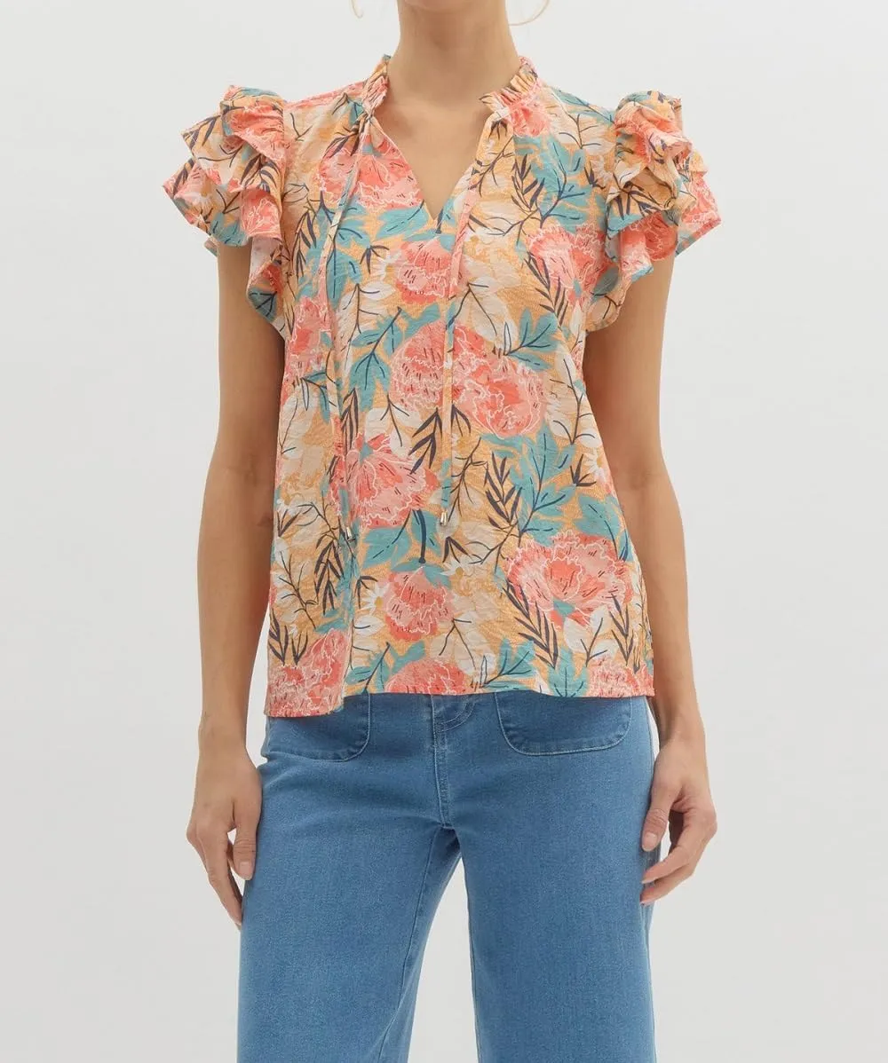 Women Boho Floral Peplum Shirt Flutter Sleeve Ruffle Babyboll Tops V Neck Patchwork Summer Coquette Blouse
