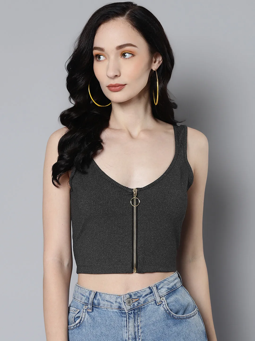 Women Dark Grey Rib Front Zipper Crop Top