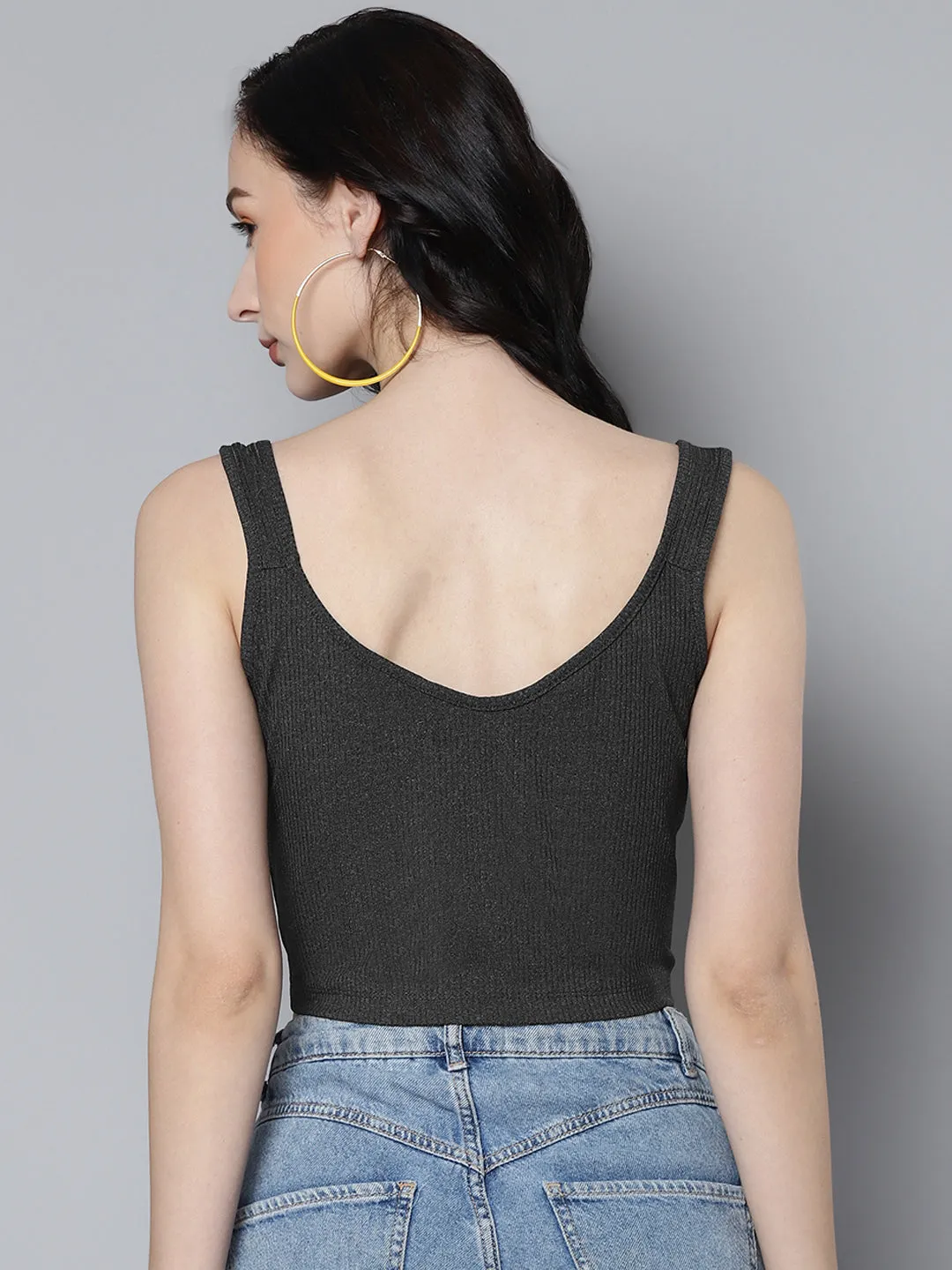 Women Dark Grey Rib Front Zipper Crop Top