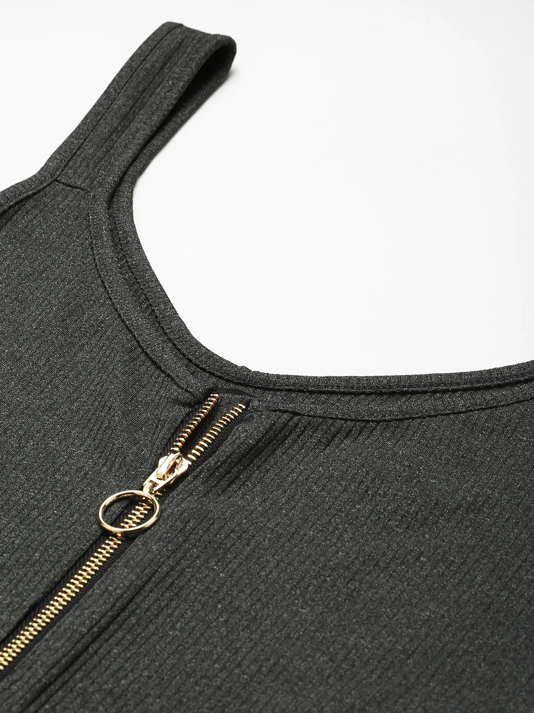Women Dark Grey Rib Front Zipper Crop Top