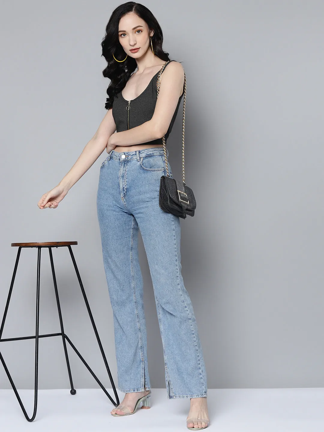 Women Dark Grey Rib Front Zipper Crop Top
