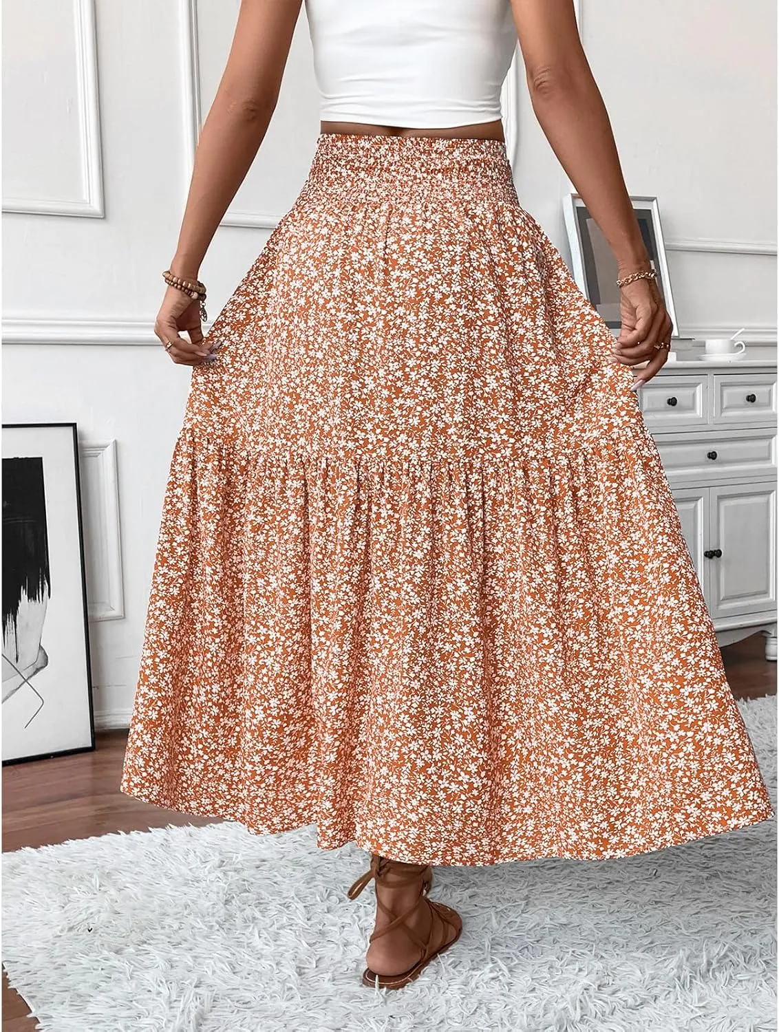 Women Flowy Long Skirts Pleated Elastic High Waisted Floral Maxi Skirts Summer Casual Boho Ruffle A-Line Beach Outfits