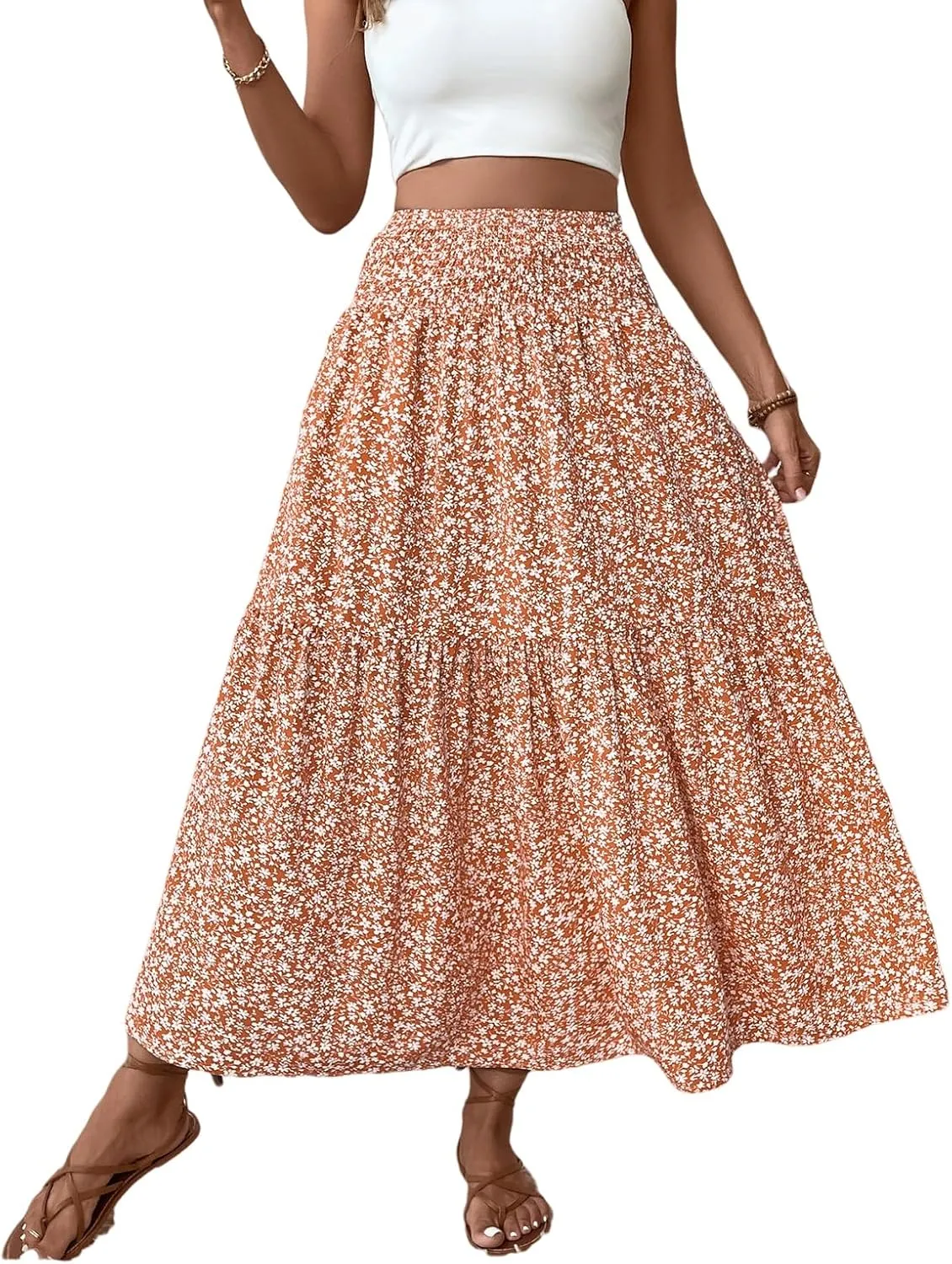 Women Flowy Long Skirts Pleated Elastic High Waisted Floral Maxi Skirts Summer Casual Boho Ruffle A-Line Beach Outfits