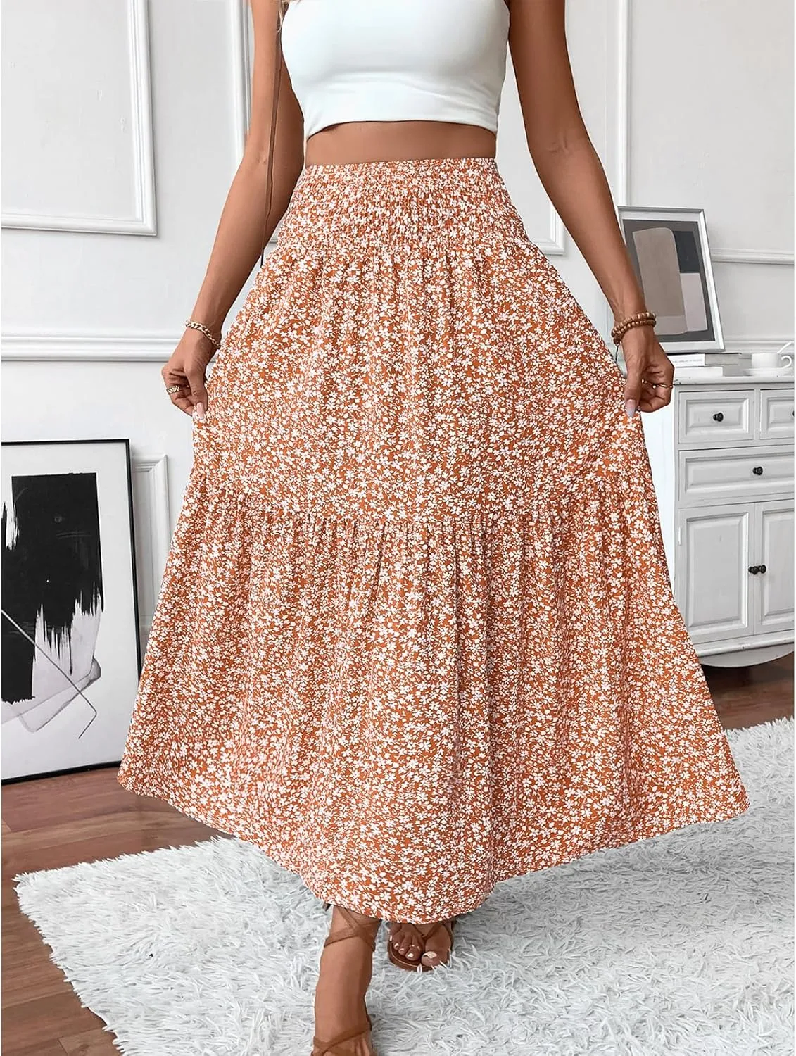 Women Flowy Long Skirts Pleated Elastic High Waisted Floral Maxi Skirts Summer Casual Boho Ruffle A-Line Beach Outfits