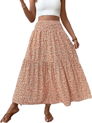 Women Flowy Long Skirts Pleated Elastic High Waisted Floral Maxi Skirts Summer Casual Boho Ruffle A-Line Beach Outfits