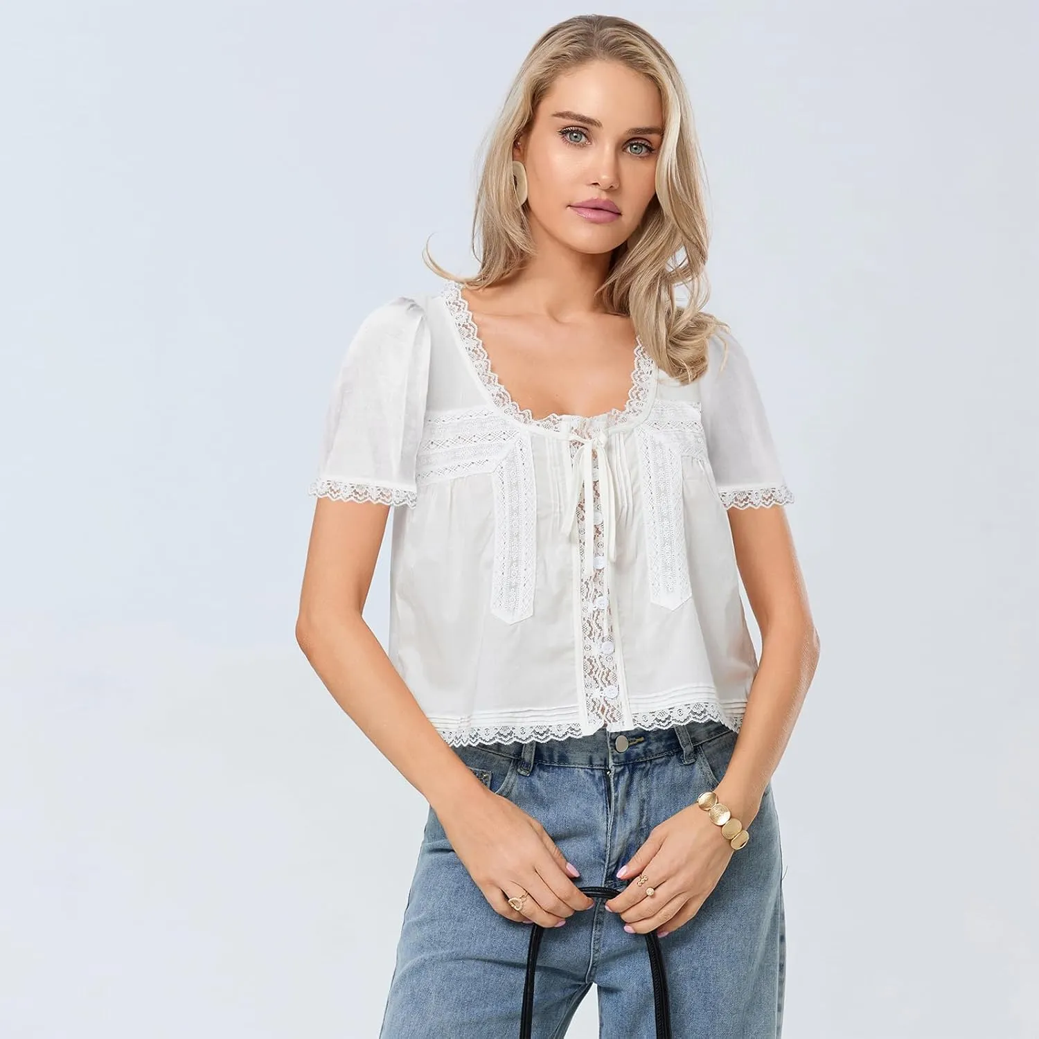 Women Tie Front Lace Trim Crop Top Semi Sheer Short Sleeve Button Shirt Scoop Neck Y2k Coquette Blouse