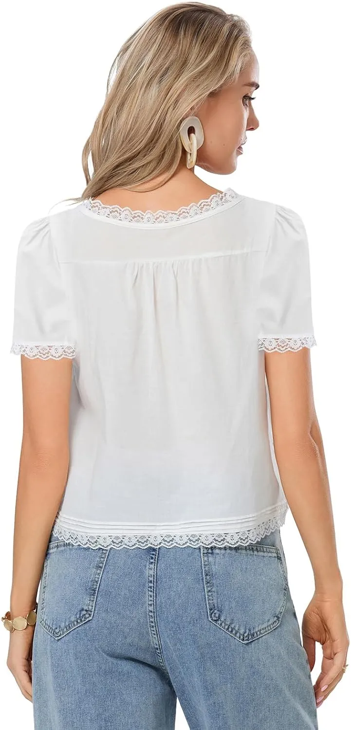 Women Tie Front Lace Trim Crop Top Semi Sheer Short Sleeve Button Shirt Scoop Neck Y2k Coquette Blouse