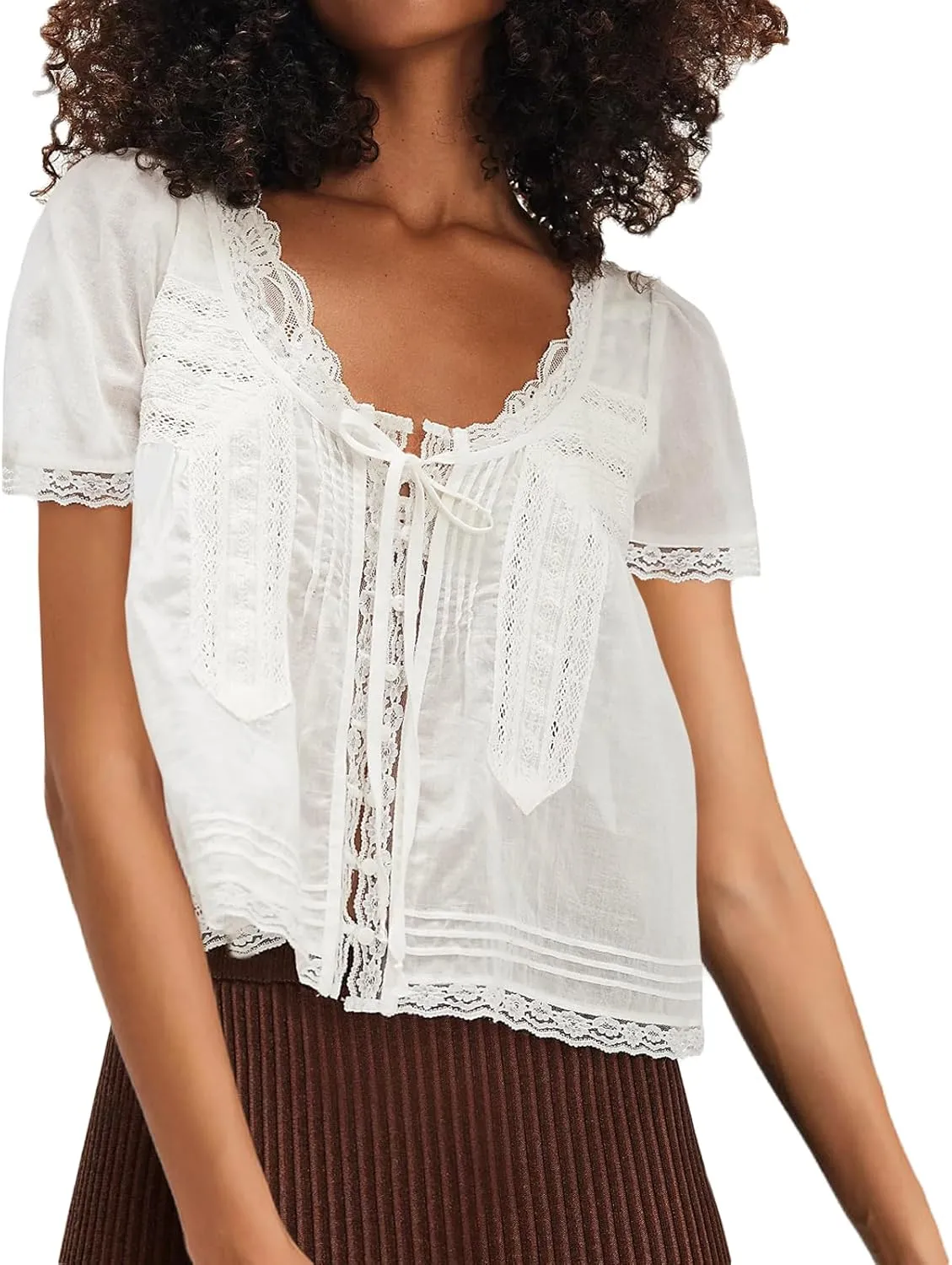 Women Tie Front Lace Trim Crop Top Semi Sheer Short Sleeve Button Shirt Scoop Neck Y2k Coquette Blouse