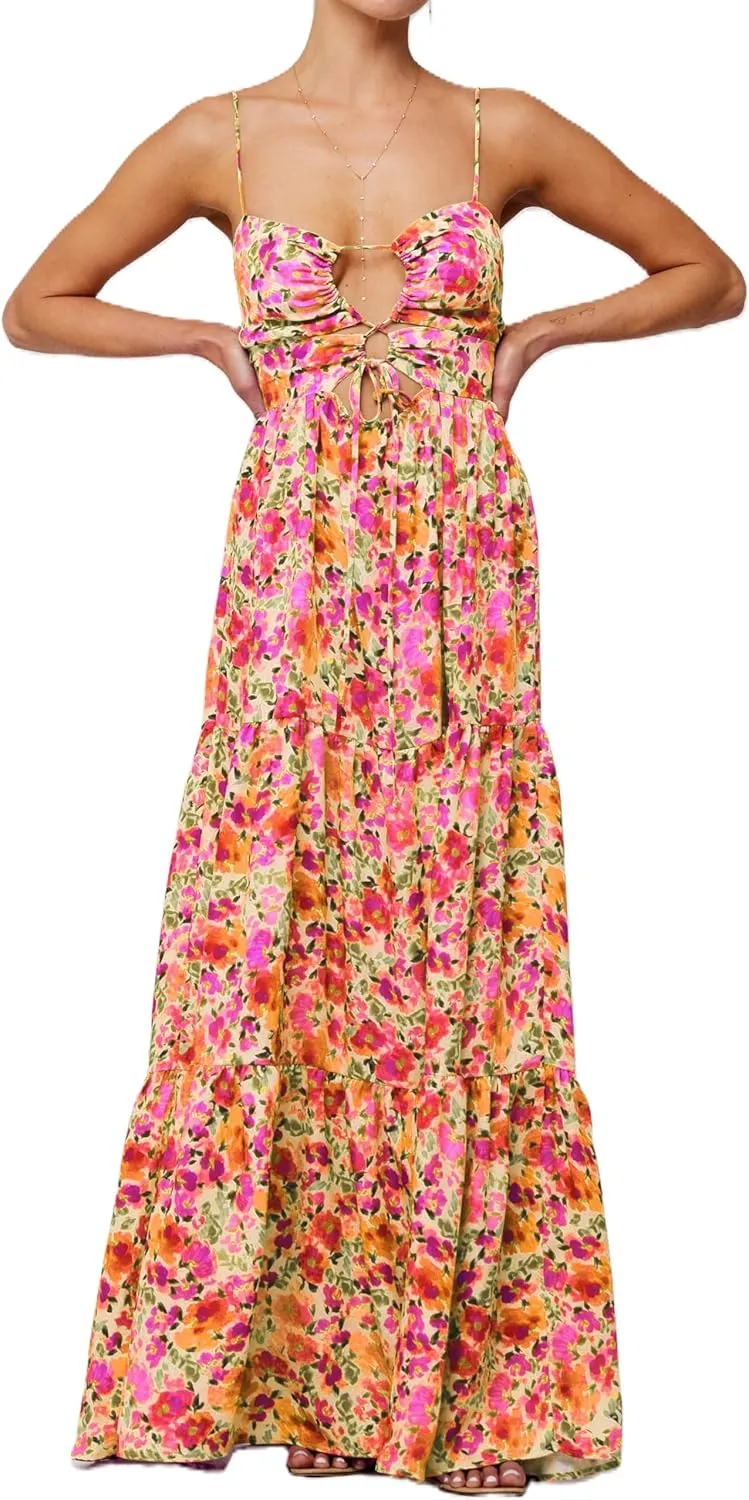 Women Y2k Floral Summer Casual Sleeveless Maxi Dresses Sexy Backless Bodycon Dresses Spaghetti Strap Long Dresses