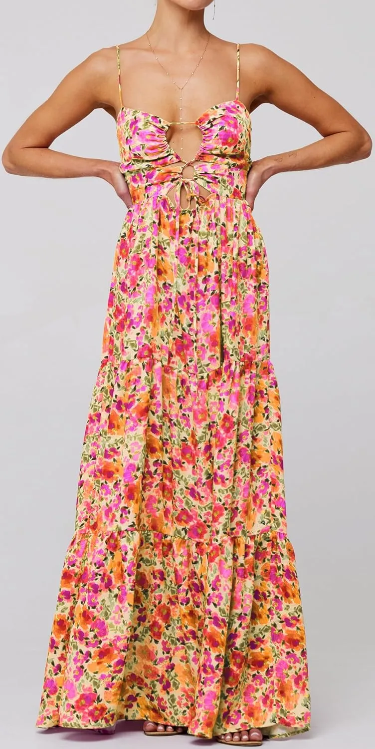 Women Y2k Floral Summer Casual Sleeveless Maxi Dresses Sexy Backless Bodycon Dresses Spaghetti Strap Long Dresses
