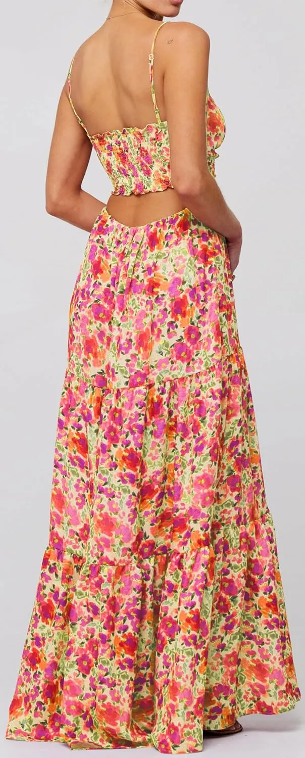 Women Y2k Floral Summer Casual Sleeveless Maxi Dresses Sexy Backless Bodycon Dresses Spaghetti Strap Long Dresses