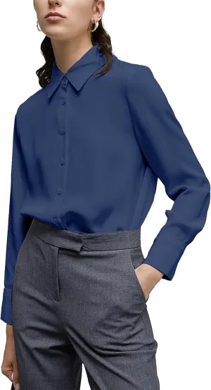 Women's Button Down Shirt Classic Long Sleeve Collared Tops Work Office Chiffon Blouse