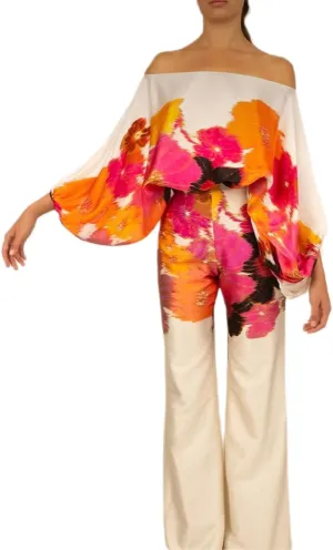 Womens Fall Loose 2 Piece Outfits Off Shoulder Printed Long Sleeve Casual Going Out Wide Leg Pants Set