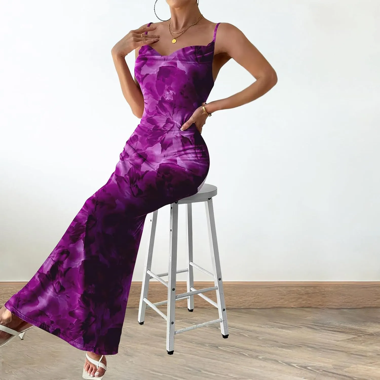 Women's Floral Spaghetti Strap Maxi Dress Sexy Summer Stretch Bodycon Dress Backless Cocktail Slip Long Dresses