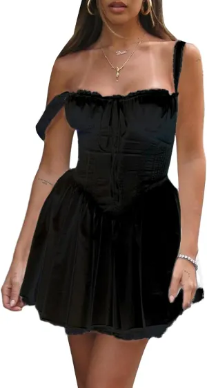 Women's Lace Trim Mini Dress Spaghetti Strap Square Neck Backless Ruched A Line Swing Dress Flowy Sexy Party Dress
