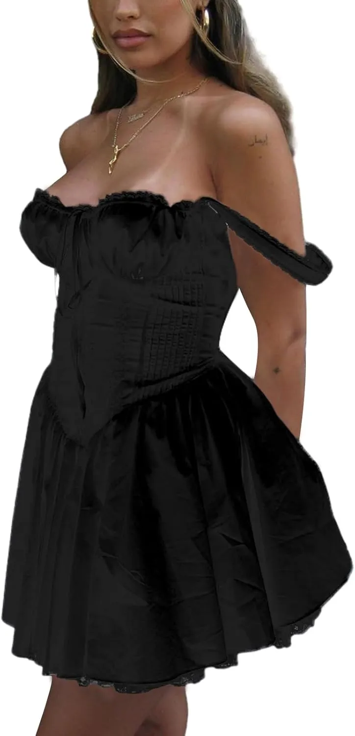 Women's Lace Trim Mini Dress Spaghetti Strap Square Neck Backless Ruched A Line Swing Dress Flowy Sexy Party Dress